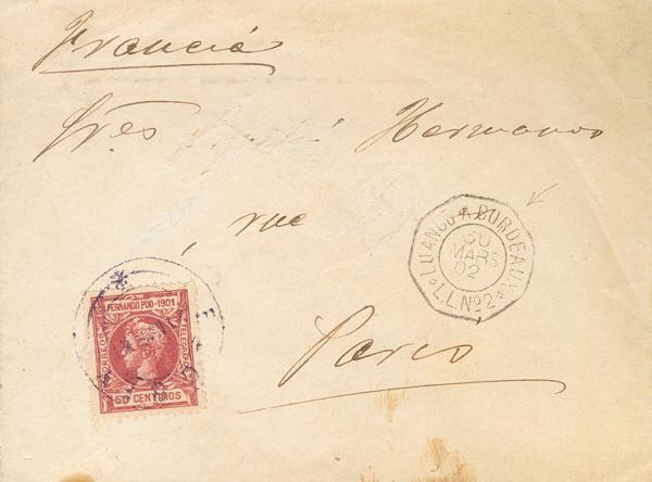 1064 - <i class="far fa-envelope"></i>. 1902. 50 cts carmín (sello de Fernando Poo al no haber sido emitidos los de Elobey). ELOBEY a PARIS (FRANCIA). Matasello ELOBEY, en violeta y en el frente fechador octogonal LOANGO A BORDEAUX / L.L. Nº2, al dorso fechador de tránsito LIBREVILLE / CONGO-FRANCAIS. MAGNIFICA Y MUY RARA. - 200€