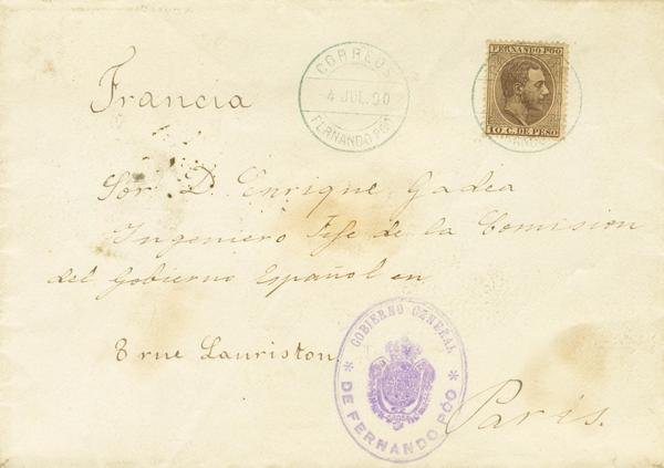 1266 - <i class="far fa-envelope"></i>  8. 1890. 10 cts castaño. FERNANDO POO a PARIS (FRANCIA). En el frente marca GOBIERNO GENERAL / DE FERNANDO POO, en violeta y llegada al dorso. MAGNIFICA Y MUY RARA, MUY POCAS CARTAS CONOCIDAS FRANQUEADAS CON SELLOS DE ESTA EMISION. - 1.000€