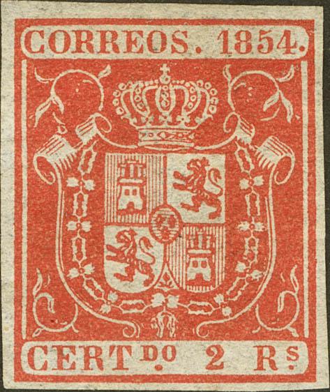 251 - (★) 25. 1854. 2 reales rojo. Color intenso y grandes márgenes. PIEZA DE LUJO. Cert. COMEX. - 1.100€