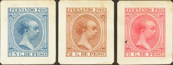 1563 - (★)1894. 1 cts azul, 2 cts marrón y 5 cts rosa. PRUEBAS DE PUNZON. MAGNIFICAS Y EXTRAORDINARIAMENTE RARAS. - 750€