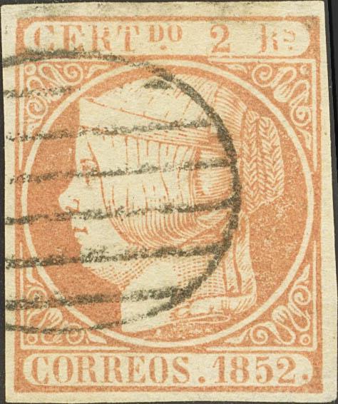 287 - <i class="far fa-dot-circle"></i> 14. 1852. 2 reales naranja. Color intenso. MAGNIFICO Y MUY RARO EN ESTA CALIDAD. Cert. CEM. - 1.000€
