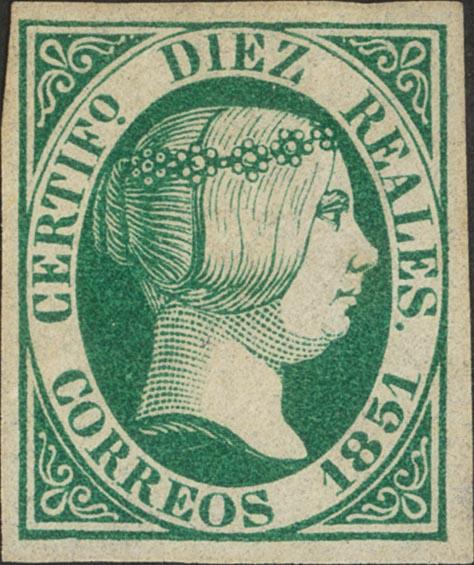 58 - (★) 11. 1851. 10 reales verde (leve reparación, sólo visible con gasolina). Enormes márgenes y color intenso. MAGNIFICO. Cert. CEM. - 375€