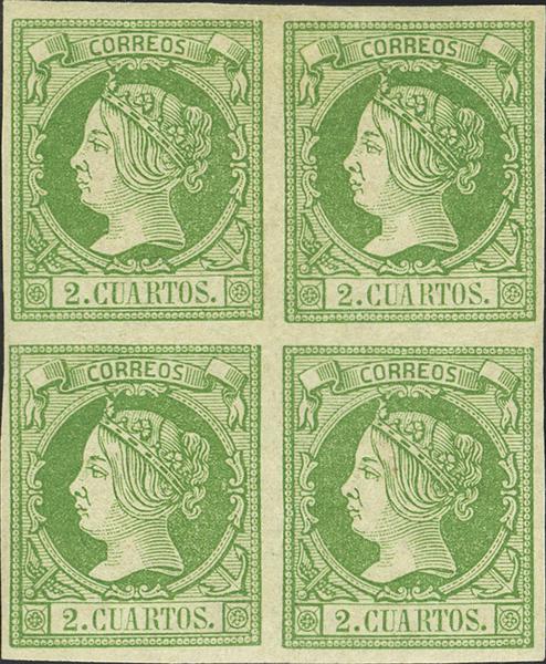 112 - (★) 51(4). 1860. 2 cuartos verde, bloque de cuatro. Color excepcional y amplios márgenes. MAGNIFICO Y RARISIMO, ESPECIALMENTE EN ESTA CALIDAD. Cert. GRAUS. Edifil 2020: 1.825 Euros - 600€