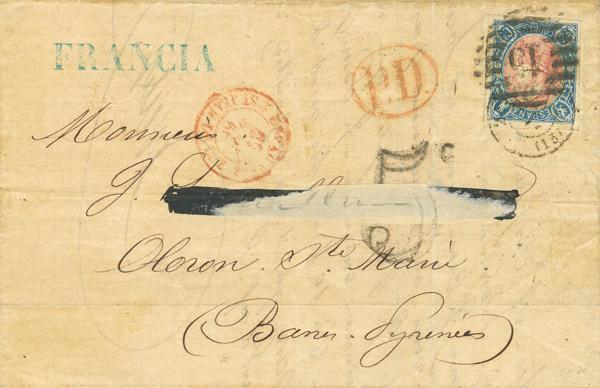 143 - <i class="far fa-envelope"></i>  70ei. 1865. 12 cuartos azul y rosa MARCO INVERTIDO (dirección ocultada). ZARAGOZA a OLORON (FRANCIA). MAGNIFICA Y RARISIMA. - 750€