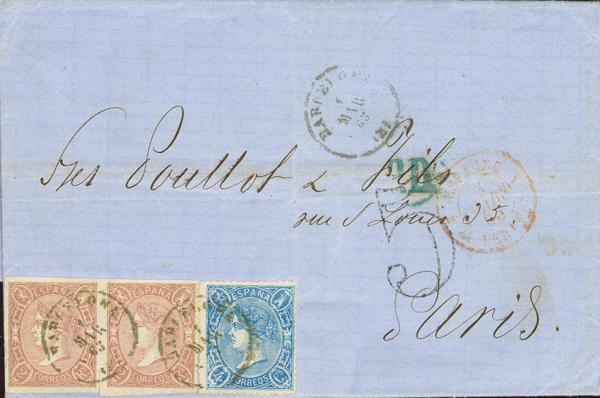 157 - <i class="far fa-envelope"></i>  73(2), 75. 1865. 4 cuartos azul y 2 reales naranja, pareja. BARCELONA a PARIS. Matasello BARCELONA / (2). MAGNIFICA Y ESPECTACULAR COMBINACION DE UN TRIPLE PORTE CON UN EXCESO DE DOS CUARTOS, CON LA COMBINACION DE DOS SELLOS SIN DENTAR Y UNO DENTADO. - 475€