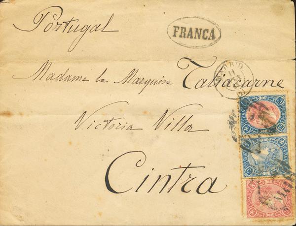 177 - <i class="far fa-envelope"></i>  74, 75, 76. 1865. 2 cuartos rosa, 4 cuartos azul y 12 cuartos azul y rosa. MADRID a SINTRA (PORTUGAL). MAGNIFICA Y RARISIMA, ESPECTACULAR COMBINACION TRICOLOR PARA UN TRIPLE PORTE A PORTUGAL, PROBABLEMENTE UNICA. - 750€