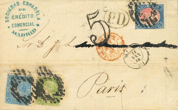 182 - <i class="far fa-envelope"></i>  75, 76, 78. 1865. 4 cuartos azul, 12 cuartos azul y rosa y 1 real verde. MADRID a PARIS (FRANCIA). MAGNIFICA Y RARISIMA Y ESPECTACULAR COMBINACION DE FRANQUEO TRICOLOR PARA COMPLETAR LA TARIFA DE DOBLE PORTE A FRANCIA, ESPECIALMENTE EN ESTA EMISION, SIN DUDA SE TRATA DE UNA DE LAS CARTAS MAS IMPORTANTES DE ESTA RARA EMISION. - 1.200€