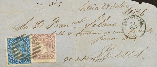 184 - <i class="far fa-envelope"></i>  75, 79. 1865. 4 cuartos azul y 2 reales violeta. Frente de Certificado de BARCELONA a REUS (TARRAGONA). En el frente Nº de Certificado y diversas tomas de razón. MAGNIFICA Y RARISIMA. - 750€