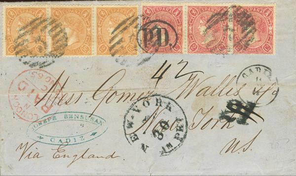 190 - <i class="far fa-envelope"></i>  74(3), 79A(3). 1868. 2 reales naranja, tira de tres y 2 cuartos carmín, tira de tres. CADIZ a NUEVA YORK (ESTADOS UNIDOS). MAGNIFICA Y EXTRAORDINARIAMENTE RARO FRANQUEO INSUFICIENTE DE TRIPLE PORTE POR FALTA DE 45 CUARTOS, CONOCIENDO UNA PIEZA HERMANA, INCLUIDA EN ESTA SUBASTA, ENTENDEMOS QUE CABE LA POSIBILIDAD QUE O BIEN POR DESCUIDO O INTENCIONADAMENTE, LOS SELLOS DE 2 CUARTOS FUERON APLICADOS EN LUGAR DE UNA TIRA DE TRES DEL 2 REALES. - 1.000€