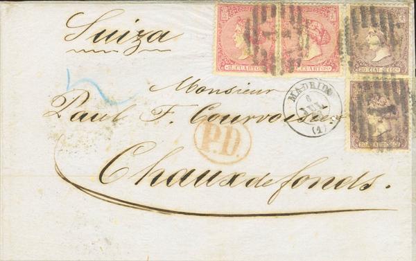 199 - <i class="far fa-envelope"></i>  80(2), 85(2). 1866. 2 cuartos rosa, pareja y 20 cts lila, pareja. MADRID a CHAUX DE FONDS (SUIZA). MAGNIFICA Y RARISIMA COMBINACION PARA COMPONER LA TARIFA DE 38 CUARTOS Y DE DOBLE PORTE A SUIZA. - 1.000€