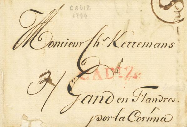 1 - <i class="far fa-envelope"></i> 1794. CADIZ a GANTE (BELGICA). Marca CADIZ, en rojo y manuscrito "Por la Coruña", durante el periodo de la Revolución Francesa, los Estados Belgas vuelven a formar parte de la República Francesa, por lo que la correspondencia a Flandes desde España circula por vía Inglesa, donde se le aplica la marca circular "S" (Spain), para indicar el origen de la misma. MAGNIFICA Y RARISIMA, NO MAS DE SEIS CARTAS CONOCIDAS CON ESTA MARCA. - 160€
