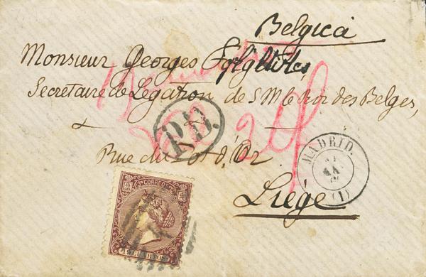 211 - <i class="far fa-envelope"></i>  83. 1866. 19 cuartos castaño. MADRID a LIEJA (BELGICA). MAGNIFICA Y EXTRAORDINARIAMENTE RARAS LAS CARTAS CON EL 19 CUARTOS, ESPECIALMENTE EN ESTA EMISION. - 1.200€