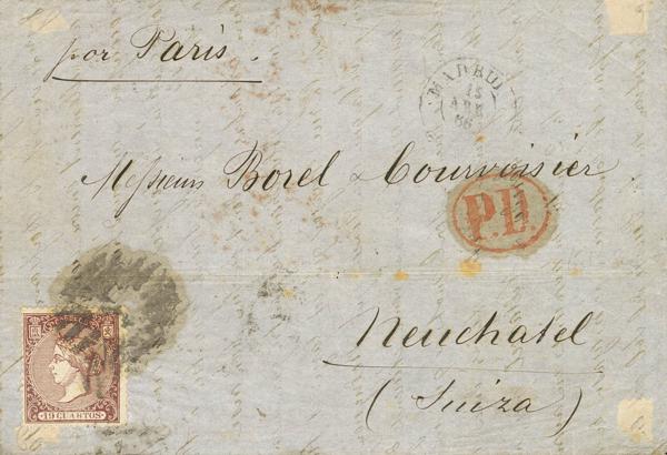 212 - <i class="far fa-envelope"></i>  83. 1866. (15 de Abril). 19 cuartos castaño. Frontal de MADRID a NEUCHATEL (SUIZA). MAGNIFICO Y RARISIMO FRANQUEO DE 19 CUARTOS CORRESPONDIENTE A LA TARIFA DE 19 CUARTOS A SUIZA EN VIGOR DESDE EL 1 DE FEBRERO DE 1866, UNICA CONOCIDA EN ESTA EMISION, EXTRAORDINARIAMENTE RARAS LAS CARTAS CON EL 19 CUARTOS EN ESTA EMISION. - 1.000€