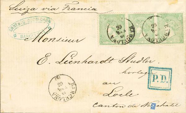 216 - <i class="far fa-envelope"></i>  84(3). 1866. (19 de Febrero). 10 cts verde, tres sellos. BARCELONA a LOCLE (SUIZA). Franqueada con la tarifa antigua de 1864 de 3 reales (25´50 cuartos), cuando ya estaban en vigor, desde el 1º de Febrero de 1866, las nuevas tarifas del Convenio con Suiza correspondiente a 19 cuartos. MAGNIFICA Y ESPECTACULAR COMBINACION DE FRANQUEO A SUIZA, UNICA CONOCIDA. - 800€