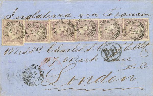 224 - <i class="far fa-envelope"></i>  85(6). 1866. 20 cts lila, seis sellos. PUERTO DE SANTA MARIA (CADIZ) a LONDRES. Matasello PUERTO DE SANTA MARIA. MAGNIFICA Y ESPECTACULAR, RARISIMO SEXTUPLE PORTE A INGLATERRA. - 500€