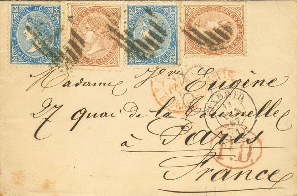 246 - <i class="far fa-envelope"></i>  87(2), 88(2). 1867. 2 cuartos castaño, dos sellos y 4 cuartos azul, dos sellos. MADRID a PARIS (FRANCIA). MAGNIFICA Y RARISIMA Y ESPECTACULAR COMBINACION PARA COMPONER LOS 12 CUARTOS A FRANCIA, POSIBLEMENTE UNICA CONOCIDA EN ESTA EMISION. (fotografiada en catálogo especializado) - 375€