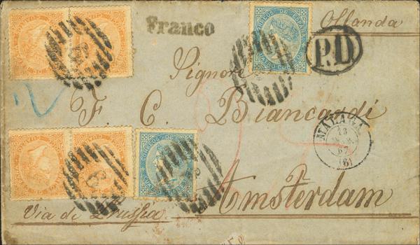 247 - <i class="far fa-envelope"></i>  88(2), 89(4). 1867. 4 cuartos azul, dos sellos y 12 cuartos naranja, dos parejas. MALAGA a AMSTERDAM (PAISES BAJOS). MAGNIFICA Y RARISIMO FRANQUEO DE DOBLE PORTE AL RARISIMO DESTINO DE LOS PAISES BAJOS, CARTA VERDADERAMENTE ESPECTACULAR. - 750€