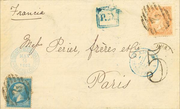 254 - <i class="far fa-envelope"></i>  89A. 1867. 12 cuartos naranja y 20 cts azul sello de Francia. BARCELONA a PARIS. Matasello PARRILLA Nº2, sobre ambos sellos, lo cual demuestra que ambos sellos fueron aplicados en Barcelona, el sello francés fue utilizado innecesariamente, ya que desde Agosto de 1860 el convenio franco-español estipulaba que el franqueo de 12 cuartos era abonado únicamente en origen (y por lo tanto no era necesario abonar nada más y menos aún en moneda francesa). MAGNIFICA Y EXTRAORDINARIAMENTE RARO FRANQUEO MIXTO, UTILIZADO CON EL UNICO PROPOSITO DE ASEGURARSE DOBLEMENTE (E INNECESARIAMENTE) EL DESTINO FINAL DE LA MISIVA. - 1.000€