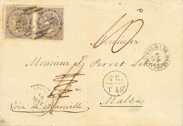 268 - <i class="far fa-envelope"></i>  92(2). 1868. 20 cts violeta, pareja. PALMA DE MALLORCA a MALTA. Matasello PARRILLA CON Nº37. MAGNIFICA Y SOLO OTRA CONOCIDA ANTES DEL CONVENIO DE LA UPU, SIN DUDA ESTAMOS ANTE UN DESTINO EXCEPCIONAL Y DEL QUE APENAS EXISTE RELACION EN TODO EL SIGLO XIX. - 800€