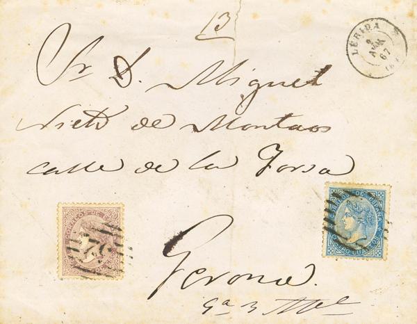 270 - <i class="far fa-envelope"></i>  88, 92. 1867. 4 cuartos azul y 20 cts lila. Certificado de LERIDA a GERONA. En el frente Nº de Certificado y toma de razón, al dorso lacre y "recibí" del destinatario, como es habitual en el correo certificado. MAGNIFICA Y RARISIMA. - 750€