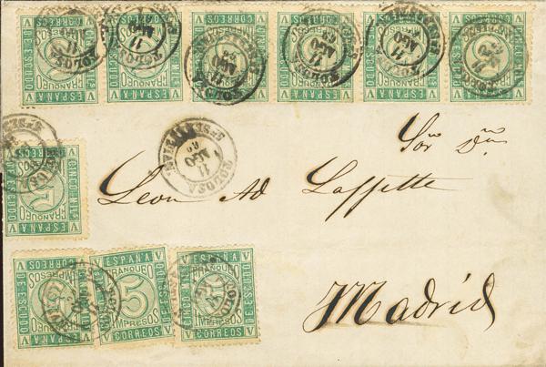 274 - <i class="far fa-envelope"></i>  93(10). 1869. 5 mils verde, diez sellos. TOLOSA a MADRID. Matasello TOLOSA / Sª.SEBASTIAN. MAGNIFICA Y UNICA COMBINACION CONOCIDA PARA COMPONER LOS 50 MILS DE TARIFA, PIEZA DE GRAN ESPECTACULARIDAD Y EXTREMADAMENTE RARA. - 1.000€