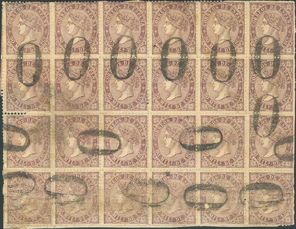 295 - <i class="far fa-dot-circle"></i> 98(24). 1868. 50 mils violeta, bloque de veinticinco (algún pequeño defecto sin importancia al tratarse de un bloque grande). Matasello prefilatélico "0", de Lanestosa. MAGNIFICO Y RARISIMO, SE TRATA SIN NINGUNA DUDA, DEL MAYOR BLOQUE CONOCIDO DE ESTA EMISIÓN. - 275€