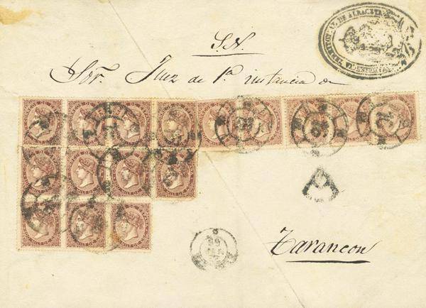 303 - <i class="far fa-envelope"></i>  99(16). 1868. 100 mils castaño, bloque de dieciséis. Frente de Plica Judicial de ALBACETE a TARANCON (CUENCA). Matasello R.CARRETA Nº16, de Albacete, en el frente marca AUDIENCIA TERRITORIAL DE ALBACETE y marca "A" de abono. MAGNIFICA Y EXTRAORDINARIAMENTE RARA, FRANQUEO EXCEPCIONAL Y CASI CON TODA SEGURIDAD SE TRATA DEL MAYOR FRANQUEO CONOCIDO CON EL 100 MILS. - 1.200€