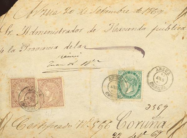 308 - <i class="far fa-envelope"></i>  98(2), 100. 1868. 50 mils violeta, dos sellos y 200 mils verde. Frontal de Certificado ARZUA (LA CORUÑA) a LA CORUÑA. En el frente Nº de Certificado y diversas tomas de razón, aspas en las esquinas y "recibí" del destinatario, como es habitual en el correo certificado. MAGNIFICO Y RARISIMO DOBLE PORTE CERTIFICADO, PIEZA DE GRAN ESPECTACULARIDAD. - 750€