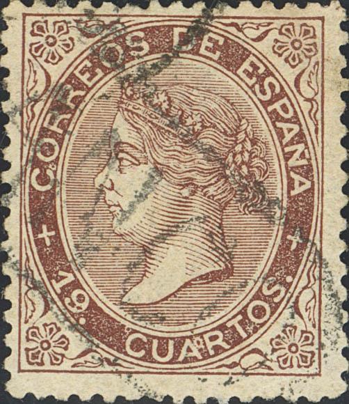 313 - <i class="far fa-dot-circle"></i> 101. 1868. 19 cuartos castaño (bien centrado). Matasello prefilatélico O / FRANCO, de La Orotava (Canarias). MAGNIFICO Y EXTRAORDINARIAMENTE RARO, UNICO CONOCIDO SOBRE ESTE VALOR. Cert. COMEX. - 350€