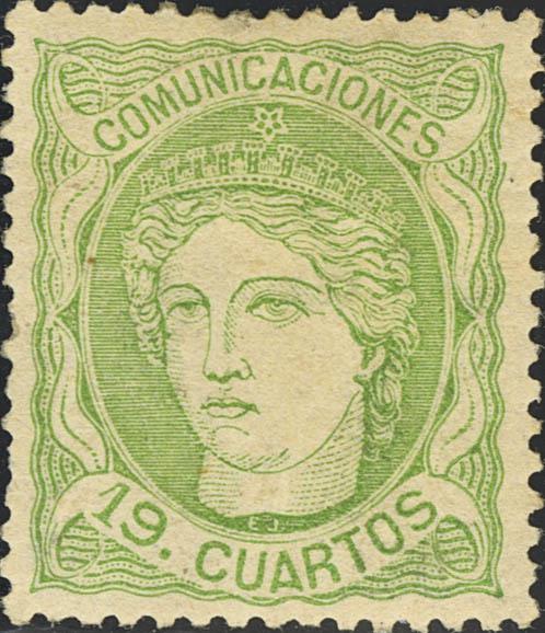 332 - ★ 114. 1870. 19 cuartos verde. Color y centraje excepcional. PIEZA DE LUJO. - 225€