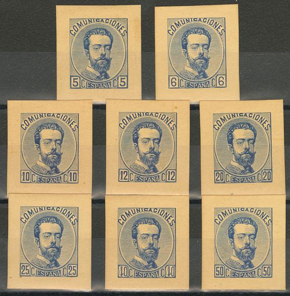 339 - (★) 118/26P. 1872. Conjunto completo de PRUEBAS DE PUNZON del 5 cts al 50 cts, en azul. MAGNIFICO Y RARO CONJUNTO. (Gálvez 724/31) - 600€