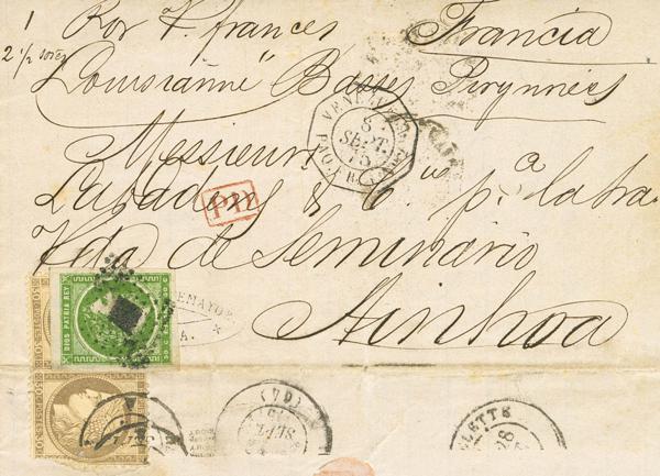 403 - <i class="far fa-envelope"></i>  160. 1875. CARACAS a AINHOA (FRANCIA). Circulada a través de la Agencia Postal Francesa con dos sellos de 30 cts castaño y uno de 40 cts naranja (deteriorado al haberse utilizado como cierre) y remitida al encaminador Labadens que se encarga de reenviarla a través de Elizondo, donde se aplica el sello carlista de 50 cts verde, para continuar a su destino. MAGNIFICA Y RARISIMA, SOLO DOS CARTAS CONOCIDAS CON FRANQUEO MIXTO FRANCES-CARLISTA CON ORIGEN EN AMERICA. Cert. CEM. - 3.000€