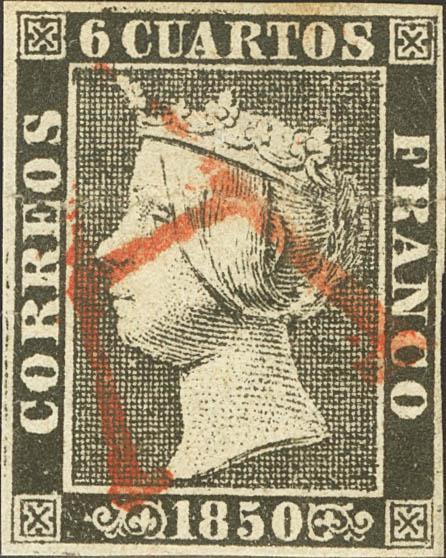 41 - <i class="far fa-dot-circle"></i> 1. 1850. 6 cuartos negro (I-3). Matasello de abono "A", en rojo de Tudela. MAGNIFICO Y RARISIMO. Cert. GRAUS. - 375€