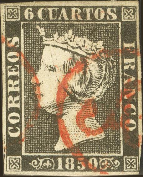 42 - <i class="far fa-dot-circle"></i> 1. 1850. 6 cuartos negro. Matasello de abono "AB", en rojo de Valladolid. MAGNIFICO Y RARISIMO. Cert. COMEX. - 375€