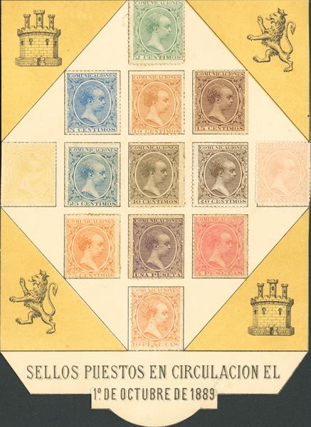 465 - (★) 213/28M. 1889. HOJA MODELO, conteniendo trece sellos de la emisión (se le han recortado algunos de los márgenes para hacerla más atractiva). MAGNIFICA Y RARISIMA. - 375€