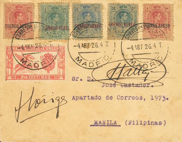 569 - <i class="far fa-envelope"></i>  292/96, 256. 1926. Serie completa y 20 cts Urgente. MADRID a MANILA (FILIPINAS). En el frente firmas autógrafas de los Pilotos Gallarza y Loriga y al dorso marcas del vuelo, en azul. MAGNIFICA Y RARISIMA, ESPECIALMENTE CON LA FIRMA ORIGINAL DE LOS PILOTOS. - 400€