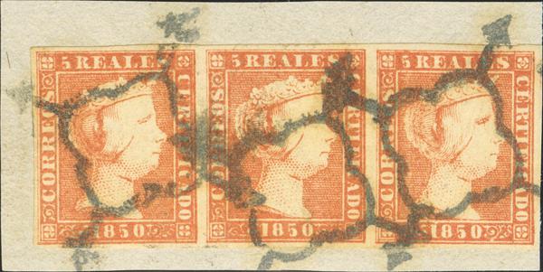 58 - △ 3(3). 1850. 5 reales rojo, tira de tres, sobre fragmento. MAGNIFICA Y RARA. Cert. EXFIMA. - 500€