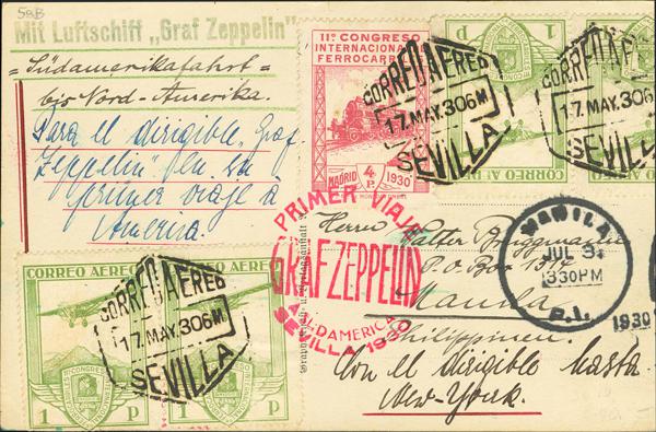 616 - <i class="far fa-envelope"></i>  480, 487(4). 1930. 4 pts rosa y 1 pts verde, cuatro sellos (uno plegado hacia el reverso). Tarjeta Postal por Graf Zeppelin de SEVILLA a MANILA (FILIPINAS). Marca PRIMER VIAJE / GRAF ZEPPELIN / A SUDAMERICA / SEVILLA 1930, en rojo y dúplex de llegada en el frente. MAGNIFICA Y ESPECTACULAR FRANQUEO, EXTRAORDINARIAMENTE RARA CON EL 4 PTS. - 475€