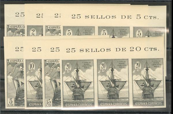 621 - ★★ 531/38P(3). 1930. 1 cts al 20 cts en negro y en tiras de tres, bordes de hoja con leyenda. ENSAYOS DE PLANCHA y SIN DENTAR. MAGNIFICO Y ESPECTACULAR CONJUNTO. (Gálvez 2704/11) - 175€