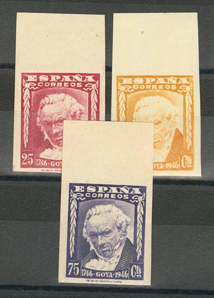 810 - ★★ 1005/07ccs. 1946. Serie completa, tres valores, borde de hoja. COLORES CAMBIADOS y SIN DENTAR. MAGNIFICA Y MUY RARA. Edifil 2026: ++540 Euros - 175€