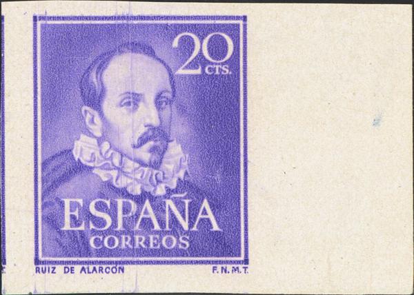 833 - ★★ 1074s. 1950. 20 cts violeta, borde de hoja (márgenes enormes). SIN DENTAR. PIEZA DE LUJO Y DE GRAN ESPECTACULARIDAD. Cert. CEM. Edifil 2026: 1.600 Euros - 500€