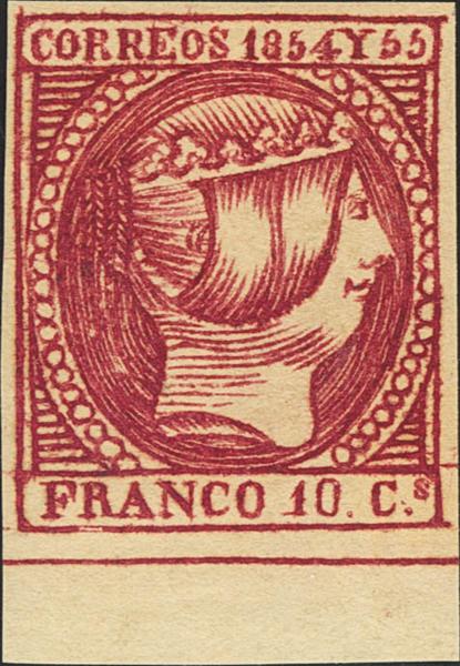 969 - ★ 2. 1854. 10 cuartos carmín, borde de hoja. Color excepcional. MAGNIFICO. Cert. CEM. - 400€