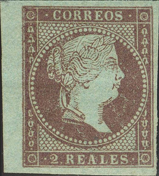 97 - ★ 42. 1855. 2 reales violeta, borde de hoja. PIEZA DE LUJO. Cert. CEM. - 325€