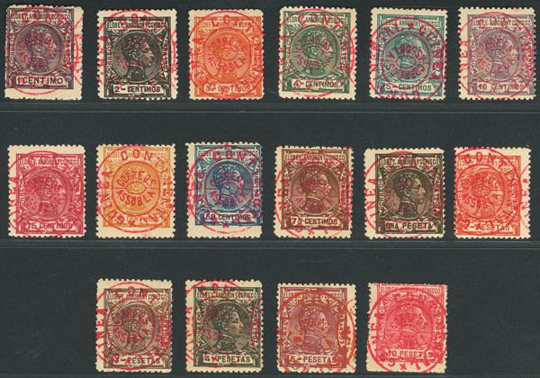 998 - ★ 58Ac/Rc. 1909. Serie completa. Sobrecarga GUINEA CONTINENTAL / CORREOS / ASSOBLA, en rojo. MAGNIFICA Y RARISIMA. Cert. COMEX. Edifil 2018: 2.500 Euros - 1.400€