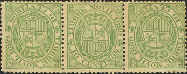 968 - ★1889. 10 cts verde amarillo TIMBRE MOVIL (1889), tira de tres. Variedad UN SELLO INVERTIDO. MAGNIFICA Y EXTRAORDINARIAMENTE RARA. Cert. GRAUS. (Alemany 22TB) - 375€