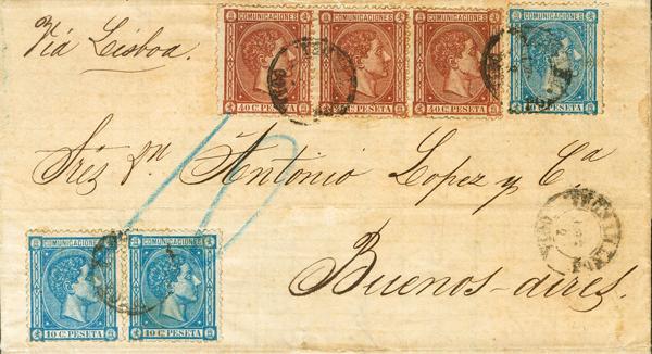 375 - <i class="far fa-envelope"></i>  164(3), 167(3). 1875. 10 cts azul, tres sellos y 40 cts castaño, tres sellos. VIGO a BUENOS AIRES (ARGENTINA). Matasello VIGO / PONTEVEDRA (franqueo de doble porte (1´50 pts) según tarifa en vigor desde Julio de 1875). MAGNIFICA Y ESPECTACULAR Y RARISIMO FRANQUEO, PROBABLEMENTE UNICO CONOCIDO. - 600€