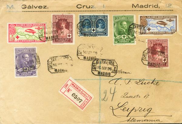 505 - <i class="far fa-envelope"></i>  327(2), 328/30, 342, 344. 1926. 5 cts, dos sellos, 10 cts, 15 cts y 20 cts de correo ordinario y 20 cts y 30 cts (defectito en esquina sin importancia) de correo aéreo. Certificado de MADRID a LEIPZIG (ALEMANIA). Al dorso llegada. MAGNIFICA Y RARA, VERDADERAMENTE CIRCULADA. - 75€