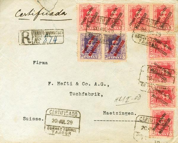 1067 - <i class="far fa-envelope"></i>  19(8), 21(2). 1929. 5 cts carmín rosa, ocho sellos y 20 cts violeta, dos sellos. Certificado de TANGER a HATZINGEN (SUIZA). Al dorso tránsito. MAGNIFICA Y RARO FRANQUEO. - 120€