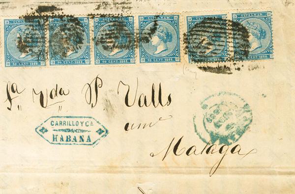 536 - <i class="far fa-envelope"></i>  Ant.13(6). 1868. 10 cts azul, seis sellos. LA HABANA a MALAGA. Matasello PARRILLA (grande). MAGNIFICA Y MUY RARO Y ESPECTACULAR FRANQUEO DE SEIS PORTES. - 120€