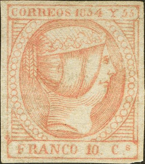648 - (★) 2b. 1854. 10 ctvos rosa (leve pliegue). MAGNIFICO. Edifil 2023: +1.000 Euros - 175€